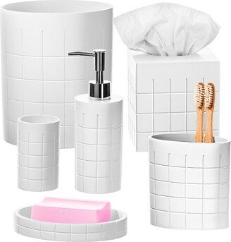 Polar White 6 Pcs Bath Set - Features: Soap Dispenser, Toothbrush Holder, Tumbler, Soap Dish, Square Tissue Cover, and Wastebasket