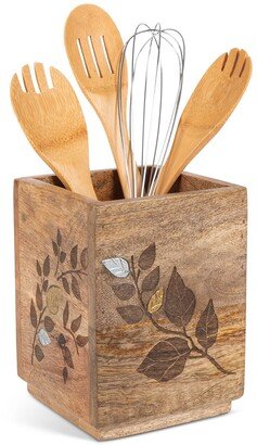 G G Collection Mango Wood Laser Metal Inlay Leaf Utensil Holder