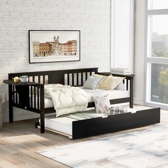 IGEMAN Twin Wooden Daybed Sofa Bed with 1 Trundle and 2 Extra Connected Small Coffee Table Shelf