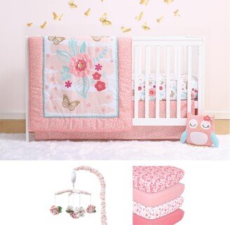 The Aflutter 8 Piece Baby Nursery Crib Bedding Set, Quilt, Crib Sheets, Crib Skirt, and Crib Mobile - Pink/aqua/gold