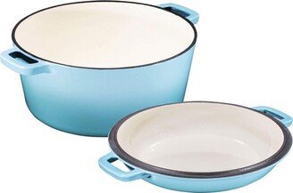 2 in 1 Enameled Cast Iron Double Dutch Oven & Skillet Lid, 5-Quart, Induction, Electric, Gas & In Oven Compatible (5 Quart, Sky Blue)