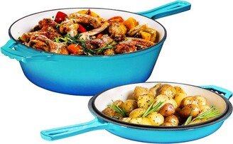 2-in-1 Blue Pre-seasoned Cast Iron Dutch Oven and Skillet Set, 5 Quarts, Oven and Dishwasher Safe