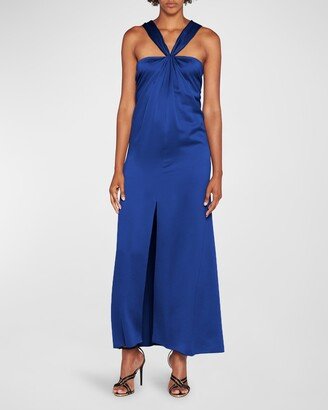 Pleated Halter Slit-Hem Silk Gown