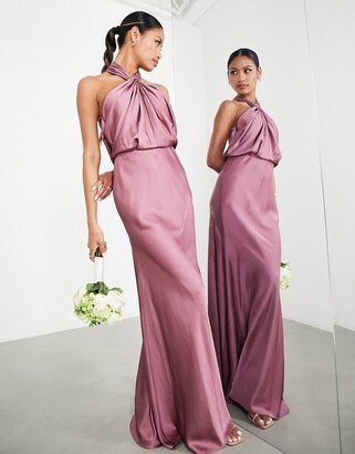 Bridesmaid satin ruched halter neck maxi dress in orchid