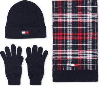 Men's Plaid Scarf, Logo Beanie & Gloves Set - Desert Sky, Apple Red, Antique White