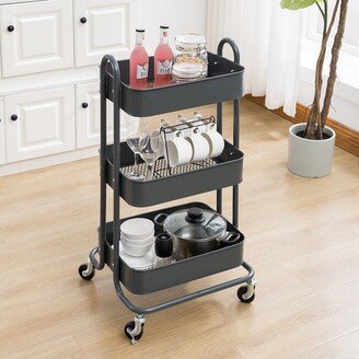 JUSHUA Black Metal Utility 3-Tier Trolley Cart with Wheels - 31*14*18