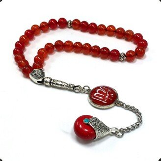 Red Agate Stone & Teardrop Tassel Tesbih, Worry Beads, Muslim Prayer Tasbih, Tasbeeh, Misbaha, Subha, Rosary | 8mm 33 Beads