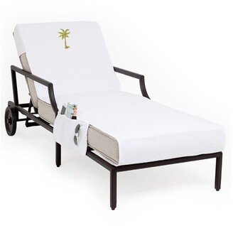 100% Turkish Cotton Palm Tree Embroidered Standard Size Chaise Lounge Cover With Side Pockets - White