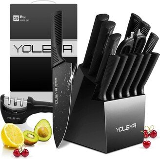 YOLEYA 15 Piece Kitchen Steel Knife Set with Block and Non Stick Coating, Black - 12.12