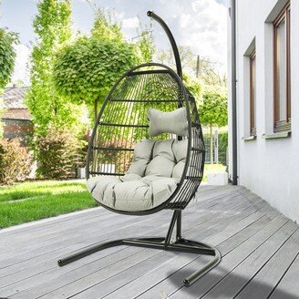 Outdoor Black Metal Swing Egg Chair with Cushion and Stand