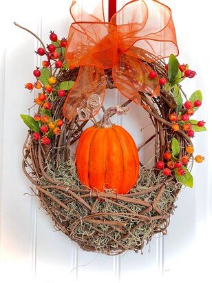 Ready To Ship - Autumn Pumpkin & Berry Door Basket For Front Fall Wreath Orange