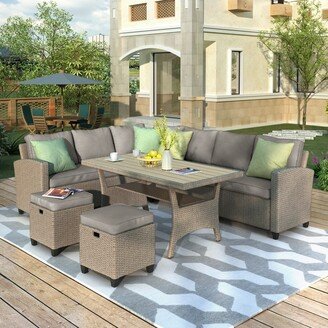 Outdoor Patio Furniture Set, 5 Piece Outdoor Sectional Sofa with Dining Table and Chair, Wicker Conversation Set with Ottomans