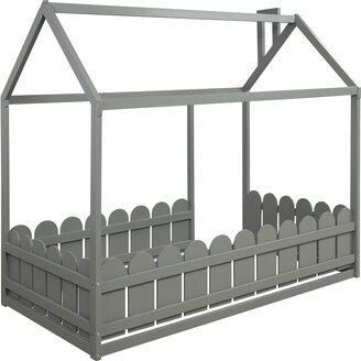 RASOO Twin Size Wood Bed House Bed Frame with Fence and a Sturdy Pine Frame