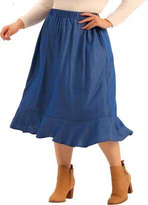 Agnes Orinda Women's Plus Size Midi Elastic Waist Denim Tiered Pleated Hem Chambray Skirts Blue 3X