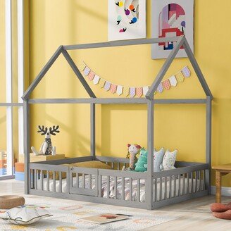 Aoolive Full Size Wood House-shaped Kids' Bed with Fence and Small Door, Cute Kid's Slat Platform Bed, Freely DIY Bed Frame