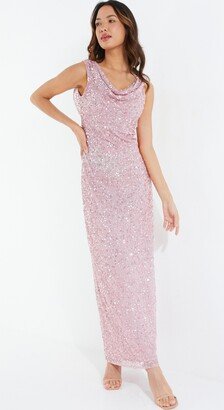 Women's Pink Cowl Neck Sequin Evening Dress