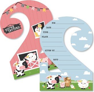 Big Dot of Happiness 2nd Birthday Girl Farm Animals - Shaped Fill-In - Pink Barnyard Second Birthday Party Invitation Cards with Envelopes 12 Ct