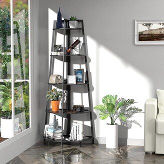 IGEMAN 70 Inch Tall Corner Bookshelf, 5-Tier Industrial Corner Ladder Bookcase Rustic Bamboo Stand for Living Room, Kitchen