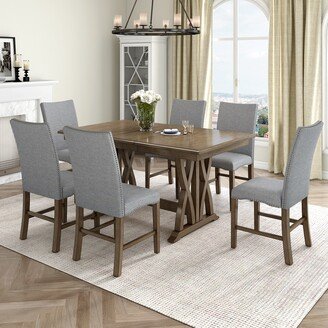 GREATPLANINC Mid-Century 7-Piece Wooden Dining Table Set Kitchen Furniture Extendable Dining Table with Six Tufted Upholstered Dining Chairs