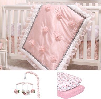 The Arianna 6 Piece Baby Nursery Crib Bedding Set, Quilt, Crib Sheets, Crib Skirt, and Crib Mobile - Pink/white/grey