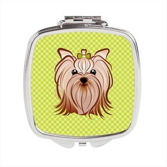 Awesome Apparel Checkerboard Lime Green Yorkie Yorkishire Terrier Compact Mirror, 2.75 x 3 x .3 In.