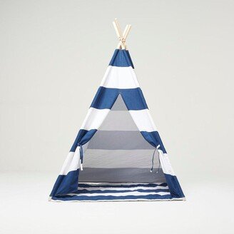 Rocketbaby Cotton Canvas Teepee Play Tent with Soft Carpet White and Blue Stripes