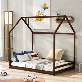 EDWINRAY Full Size Wooden Playhouse Design House Bed with Roof,Suitable for Boys and Girls