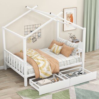 NINEDIN Full Size Metal House Platform Bed with 2 Drawers, with Roof Design, Headboard and Footboard for Kids, White