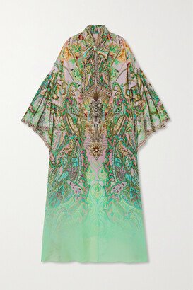 Pussy-bow Embellished Printed Silk Kaftan - Green