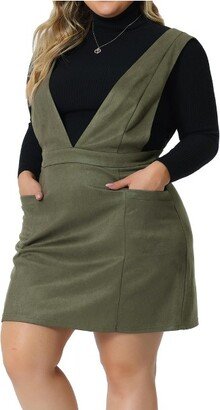 Agnes Orinda Agne Orinda Women' Plu Size V Neck Sleevele Faux Suede Pocket Pinafore Overall Mini Skirt Army 3X