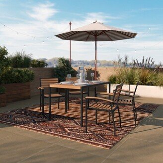 Taylor & Logan Black Steel Framed 30 x 48Faux Teak Table with Umbrella Hole & 4 Club Chairs