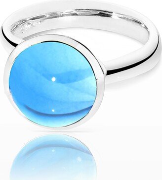 Bouton 11mm Swiss Blue Topaz Cabochon Ring in 18k White Gold, Size 7