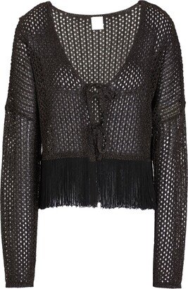 Knit Open Work Fringed Cardigan Cardigan Black