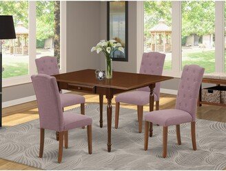 Kitchen Table Set - a Dining Room Table and Dahlia Linen Fabric Upholstered Chairs, Mahogany