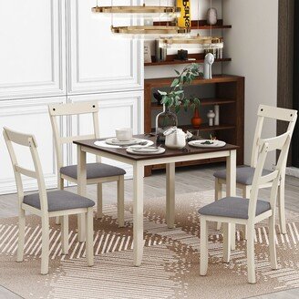 EDWINRAY 5 Piece Dining Table Set Farmhouse Wooden Kitchen Table and 4 Burlap Upholstered Chairs for Dining Room