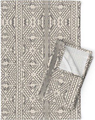 Block Print Tea Towels | Set Of 2 - Mudcloth Black On Beige By Etienne Geometric Linen Cotton Spoonflower