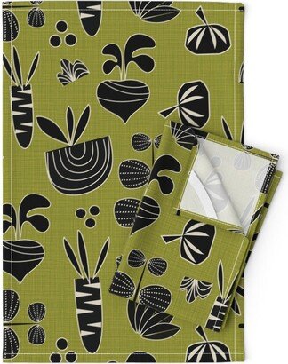 Mid Century Modern Tea Towels | Set Of 2 - Mod Veggies & Herbs By Mirimo Design Olive Green Linen Cotton Spoonflower