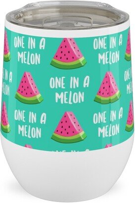 Travel Mugs: One In A Melon - Watermelon - Pink On Teal Stainless Steel Travel Tumbler, 12Oz, Green