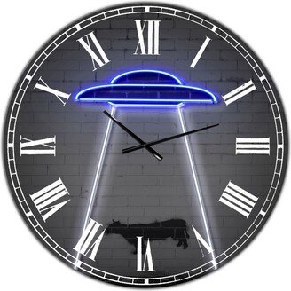 Designart Neon Ufo Abducting Cow Oversized Modern Wall Clock - 36 x 36