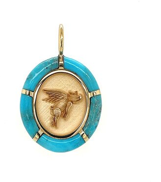 Handcut Turquoise Flying Pig Fantasy Signet Yellow Gold Charm