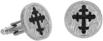 Symbols Of Faith Silver-Tone Black Enamel Cross Round Cuff Links