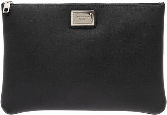 Black Clutch with Logo Plaque in Hammered Leather Man