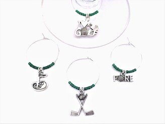 Free Shipping Golf Wine Charms Golfer Gift For Wine Lovers. Green Beading Color Theme. Outing Gift. Set Of 4