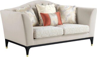 Mavi 71 Inch Loveseat, Velvet, Arched, Button Tufted, Metal Legs, Beige