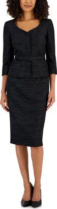 Women's Metallic Tweed Belted Jacket & Pencil Skirt Suit