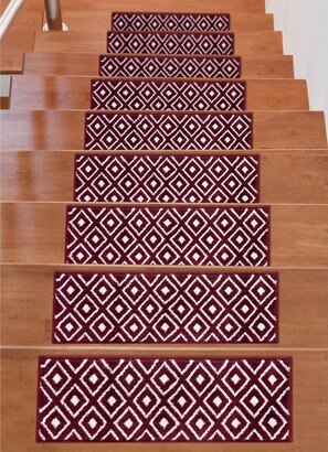 Beverly Rug Indoor Non Slip Carpet Stair Treads w/ Installed Tape 9x 28 Trellis Red / Ivory