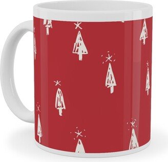 Mugs: Christmas Trees On Pine Needle Ceramic Mug, White, 11Oz, Red