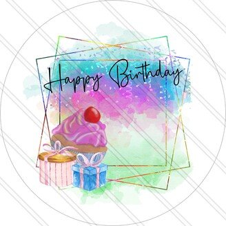 Happy Birthday Sign - Cupcake & Presents Balloons Cake Day Confetti Metal