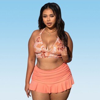 Women's Paisley Halter Ruched Skirt Plus Size Bikini Set 2X-Orange