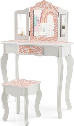 Kid Vanity Set Wooden Makeup Table Stool Tri-Folding Mirror - See Details-AB